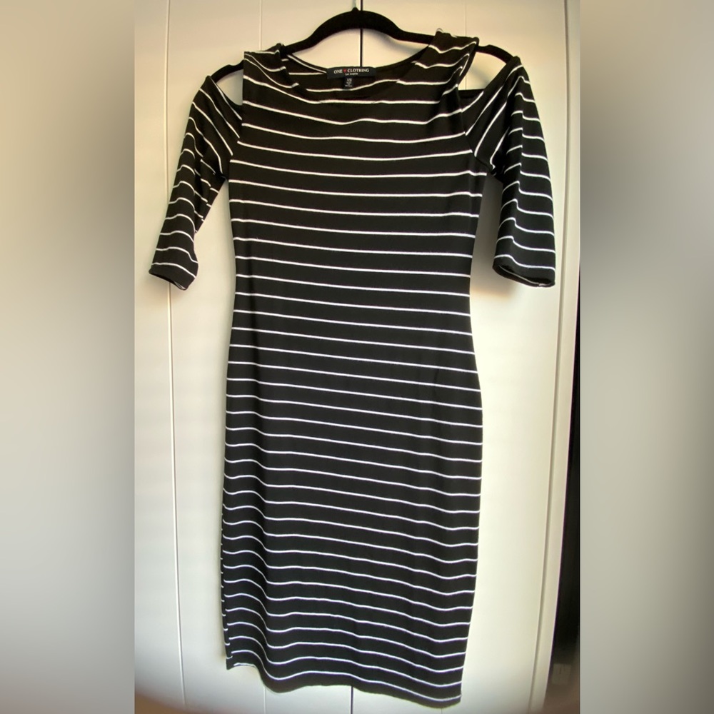Cold Shoulder Dress | Black & White Stripes | XS